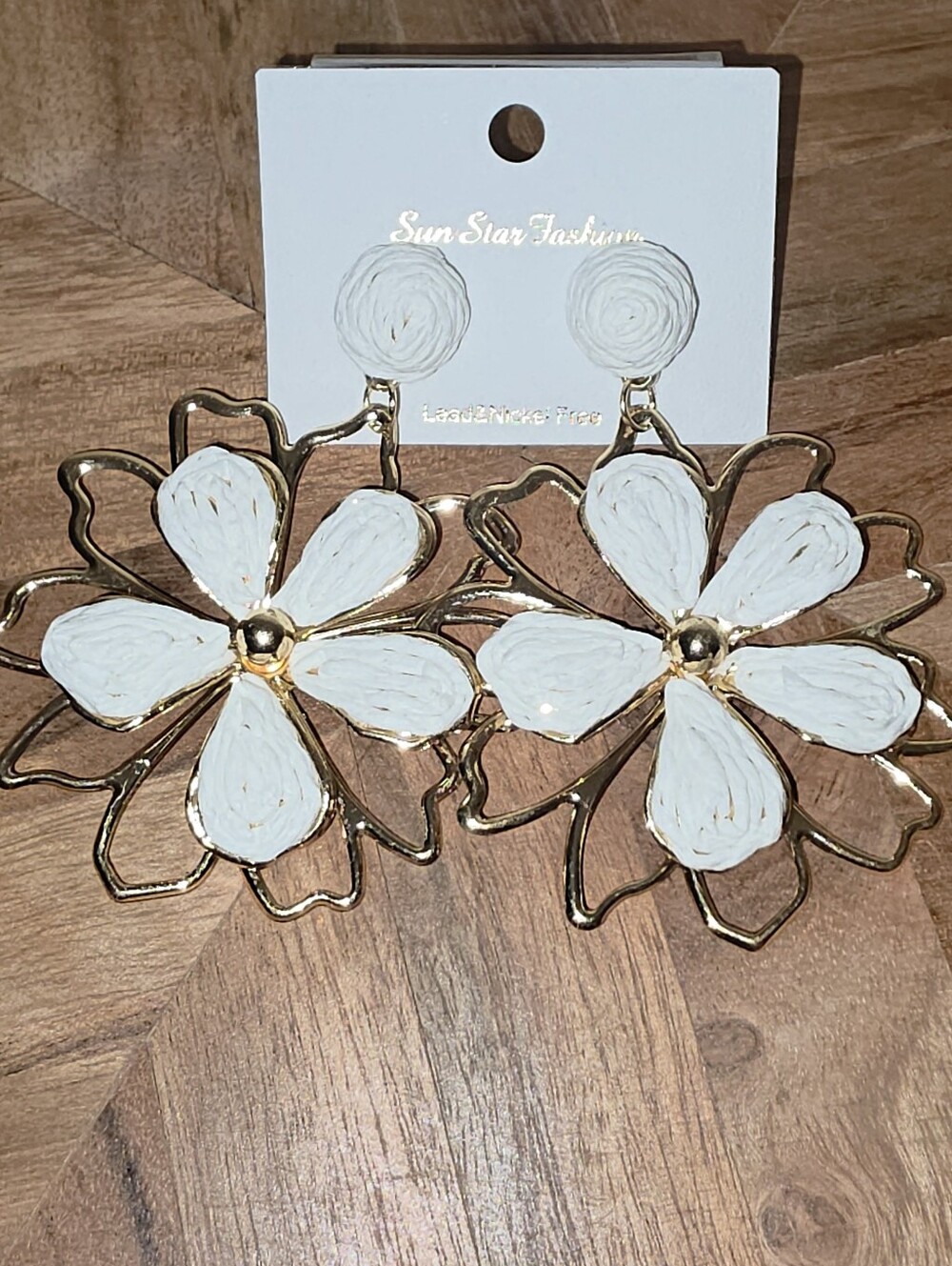 White & Gold Floral Statement Rafia Drop Earrings